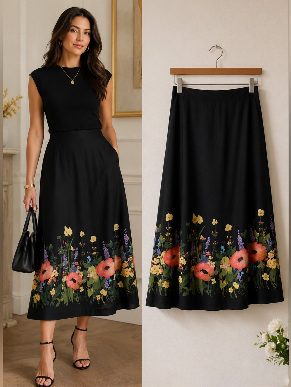 Jones New York 100% Silk Floral Border A-Line Midi Maxi Skirt Size 12